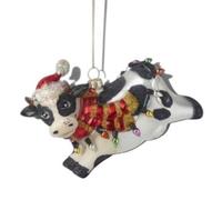 Heaven Sends Christmas Festive Glass Cow Hanging Tree Decoration With Santa Hat And Gold Twine, 11 X 8 Cm