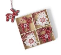 Heaven Sends Christmas Nordic Reindeer And Trees Wooden Decorations Set Of 8 With Red And White Twine 13 X 13 Cm