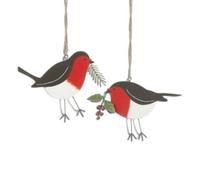 Heaven Sends Christmas - Pair Of Metal Robin Hanging Tree Decorations, 9.7 X 15 Cm, Rustic Red And Brown, Set Of 2
