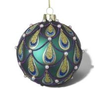 Heaven Sends Christmas Peacock Design Pearl Bauble - Medium Round Gloss Ornament 10 X 7.5 Cm With Gold Twine Hanger