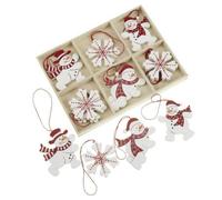 Heaven Sends Christmas Set Of 12 Wooden Snowmen And Snowflake Hanging Decorations, White With Red Strings, Small Indoor Ornaments