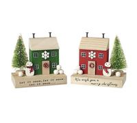 Heaven Sends Christmas - Set Of 2 Wooden House Ornaments, Red And Green, Compact Rustic Christmas Décor