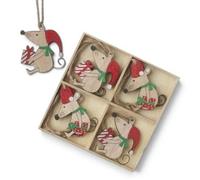 Heaven Sends Christmas Set Of 8 Wooden Mice Ornaments, Rustic Twine Hangers, 6 X 5.5 Cm