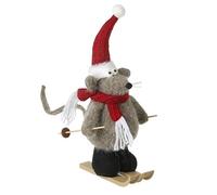 Heaven Sends Decorative Christmas Mouse Figurine on Skis, Grey with Red Hat and Scarf, 32 cm Height