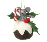 Heaven Sends Felt Mouse Christmas Pudding Bauble - Festive Hanging Tree Decoration with Candy Cane and Holly Detail 12cm