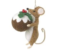 Heaven Sends Hanging Brown & White Felt Mouse Holding the Christmas Pudding 9x6x14cm Decoration