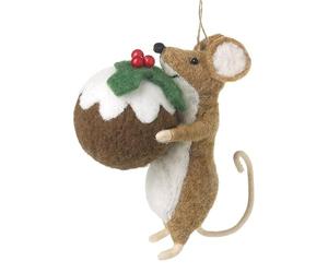 Heaven Sends Hanging Brown & White Felt Mouse Holding the Christmas Pudding 9x6x14cm Decoration