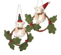 Heaven Sends Hanging Felt Mice In Hats On Holly Wreath 16x7x21cm Decoration Set of 2