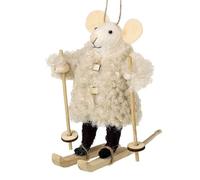 Heaven Sends Hanging White Felt Mouse in Wool Coat On Wooden Ski's 8.5x9x12.5cm Christmas Decoration