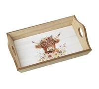 Heaven Sends Highland Cow Wooden Serving Tray, Floral Farmhouse Display Tray with Handles, Rustic Country Home Gift