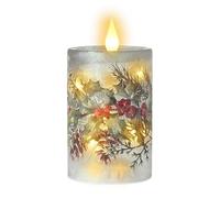 Heaven Sends Holly Frosted Glass LED Candle - Festive Decorative Light Up Candle with Holly & Pinecone Design - Christmas Table & Mantel Decoration