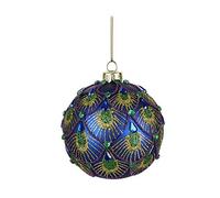Heaven Sends Luxury Midnight Blue Iridescent PEACOCK Feather Design Round Glass Christmas Tree Bauble/Decoration - 8cm