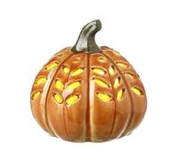 Heaven Sends Orange Ceramic Pumpkin Light Up LED - Glazed Autumn Decoration with Leaf Cut-Out Design - Battery Operated Warm Glow Ornament for Halloween & Seasonal Styling
