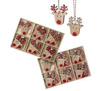 Heaven Sends Reindeer with Gold/Red Antlers Wooden Tree Decorations - Set of 12 in a tray