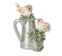 Heaven Sends Resin Christmas Birds on Jug & Bucket - Rustic Robin Ornament with Holly & Gold Detail - Festive Tabletop Decoration
