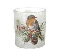 Heaven Sends Robin Glass T-Light Holder 8cm - Frosted Christmas Candle Holder with Robin, Holly, Red Berries & Pinecone - Traditional Festive Decoration