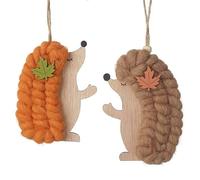 Heaven Sends Set of 2 Wooden and Wool Hedgehog Hanging Autumnal Decorations