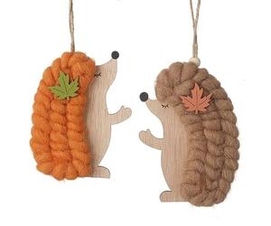Heaven Sends Set of 2 Wooden and Wool Hedgehog Hanging Autumnal Decorations