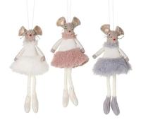 Heaven Sends Set of 3 Cute Hanging Mice in Dresses - Mix of Colours Grey White Pink Christmas Ornament Decorations