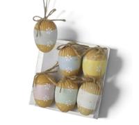Heaven Sends Set Of 6 Wooden Pastel Floral Easter Egg Decorations With Hanging Twine - 12 X 11 X 3.7 Cm Each