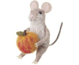 Heaven Sends Sitting Felt Mouse with Pumpkin Grey/Orange - 10cm x 10cm x 6cm - Autumn Decoration Mouse Themed Décor Autumnal Pumpkin Decoration Perfect for Home Kitchen Living Room Tabletop
