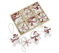 Snowman and Snowflake Wooden X'mas Tree Decorations - Set of 12