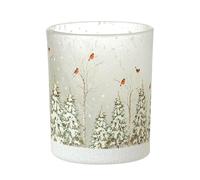Heaven Sends Snowy Robin's and Snow Covered Christmas Trees 6.2x6.2x7.4cm Frosted Glass Candle Holder