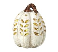 Heaven Sends White Ceramic Squash Light Up LED - Decorative Autumn Pumpkin Ornament with Leaf Cut-Outs - Battery Operated Warm Glow Seasonal Home Decoration