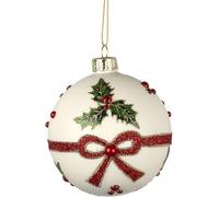 Heaven Sends White Glass Christmas Bauble With Holly And Red Glitter Bow 8Cm