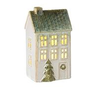Heaven Sends White & Green Ceramic Light Up House Tea Light Holder - Porcelain Candle Lantern with Christmas Tree & Wreath Detail - Festive Mantel or Table Decoration