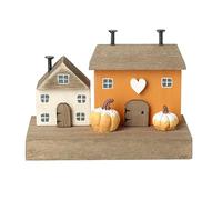 Heaven Sends Wooden Autumnal Houses with Pumpkins - Cream/Orange 10cm x 7cm x 6cm - Autumn Decoration, Halloween Themed Décor Perfect for Home, Kitchen, Living Room, Tabletop