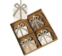 Heaven Sends Wooden Christmas Tree Decorations - Set of 6 Gift Box Baubles with Glitter Bows - Rustic Hanging Ornaments for Festive Tree & Home Décor