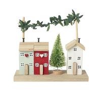 Heaven Sends Wooden Houses with Leaf Garland & Christmas Tree Decor, 15x6x13cm