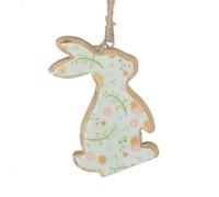 Heaven Sends Wooden Rabbit With Floral Design, Small Hanging Easter Decoration, Light Blue, Rustic Twine