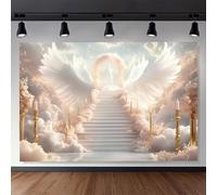 Heaven Sent Paradise Stairway Backdrop Angel Wings Pink Floral Cloud Sky Background for Baptism Christening Church Religious Event Memorial Photography Photo Booth Decor (B, 9X6FT)