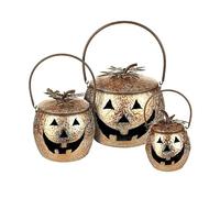 Heaven Set of 3 Luxury Burnished Golden Metal Pumpkin Cauldron Lanterns