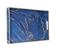 Heaven4you Blue Marble Serving Tray 40x26cm Gold Trim Handles Ottoman Bed | 40x26cm navy and gold marble effect, raised rim, cut-out handles. Wipe-clean, food-safe. Ottoman, bed, vanity, kitchen