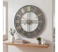 Heaven4you Industrial Roman Numeral Wall Clock - 60cm/23.6inch Vintage Decorative Metal Clock with Open Frame, Brushed Finish, and Gold Roman Numbers for Living Room, Kitchen or Office
