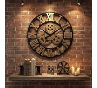 Heaven4you Large Roman Numeral Wall Clock Indoor Wood Round, Brushed Finish for Living Room Kitchen Bar Office Gold - Silent - Ready to Hang with Hook & Instructions for Hands 50cm/19.68inch