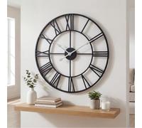 Heaven4you Large Wall Clock Flat Roman Numerals Metal Indoor Big Round Open Face for Living Room Kitchen Bar Office 60cm (Silver Hands)