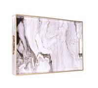 Heaven4you Luxury Elegant Decorative Rectangular Serving Tray with Handles - Gloss Finish, Gold Trim - For Coffee Table, Vanity, Kitchen or Ottoman - Multiple Colors & Designs 40x26x4cm (White Marble)