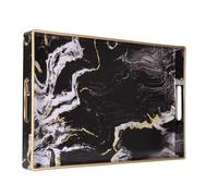 Heaven4you Luxury Elegant Decorative Rectangular Serving Tray with Handles - Gloss Finish, Gold Trim - For Coffee Table, Vanity, Kitchen or Ottoman - Multiple Colors & Designs 40x26x4cm (Black Marble)