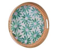 Heaven4you Luxury Elegant Decorative Serving Tray Round Shape Design with Gold Trim | Glossy Finish Organizer or Food Tray for Coffee Table or Dining 33cm x 4cm (Bamboo-style)