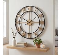 Heaven4you Medium Skeleton Metal Roman Numerals Wall Clock Open Round Face for Living Room - Silent - Ready to Hang with Hook & Instructions for Hands Gold/Black 47cm/18.5inch