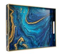Heaven4you Mosaic Decorative Serving Tray Rectangular Shape with Golden Edge and Handles Elegant Organizer or Food Tray for Kitchen, Coffee Table or Entertaining (Blue Marble)