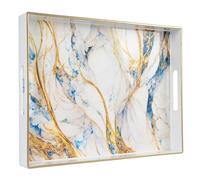 Heaven4you Mosaic Decorative Serving Tray Rectangular Shape with Golden Edge and Handles Elegant Organizer or Food Tray for Kitchen, Coffee Table or Entertaining (White Marble)