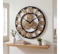 Heaven4you Premium Medium Roman Numeral Wooden Wall Clock Indoor Round, Brushed Finish for Living Room Kitchen Office Gold - Silent - Ready to Hang with Hook & Instructions for Hands 50cm/19.68inch