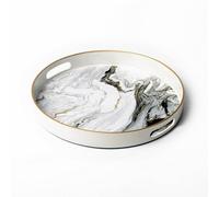 Heaven4you Round Black and White Marble Pattern Serving or Dining Tray - Elegant Glossy Decorative Tray with Gold Trim for Coffee Table, Kitchen Counter, Vanity or Modern Home Décor (White Marble)
