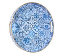 Heaven4you Round Decorative Serving Tray with Mother-of-Pearl Leaf Mosaic Design with Gold Trim | Glossy Finish Organizer or Food Tray for Coffee Table or Dining (Blue Mediterranean)