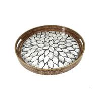 Heaven4you Round or Rectangular Decorative Serving Tray with Mother-of-Pearl Leaf Mosaic Design with Gold Trim | Glossy Finish Organizer or Food Tray for Coffee Table or Dining (Round Leaf Mosaic)
